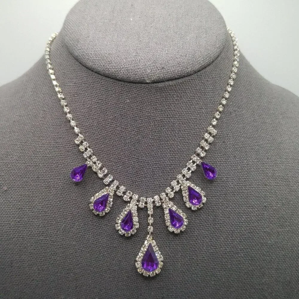 Dangle Purple Clear Rhinestone Necklace, 18 1/2 Inches Adjustable, Formal Choker